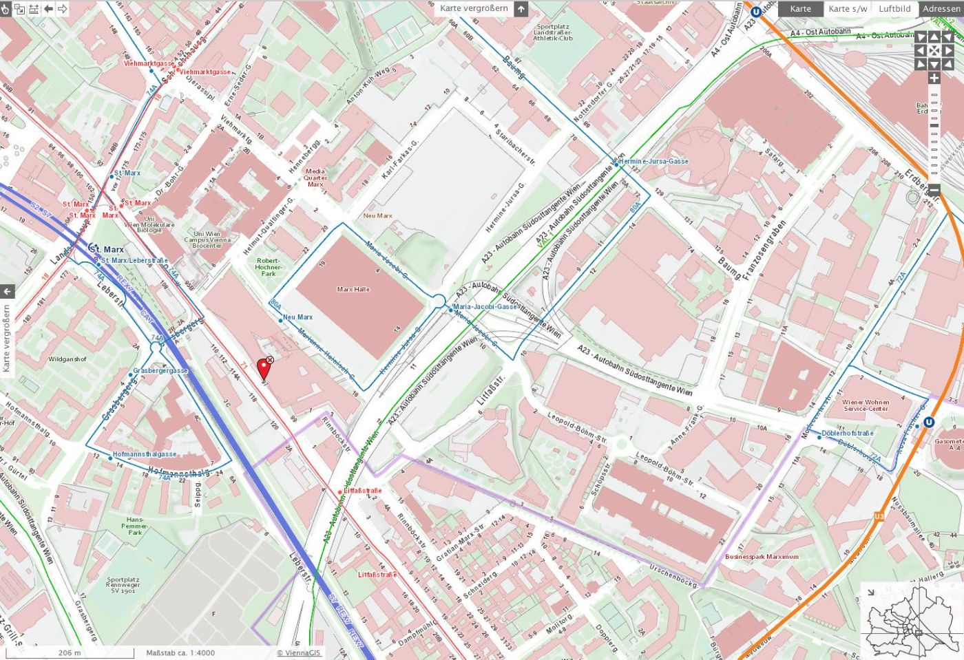 Stadtplan von Wien mit einer Markierung für den Standort der Verwaltungsakademie.