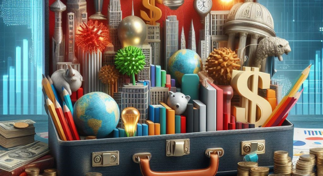 KI generiertes Bild. Ein Koffer gefüllt mit Büchern, Stiften, Hochhäusern, Weltkugeln und Geld.