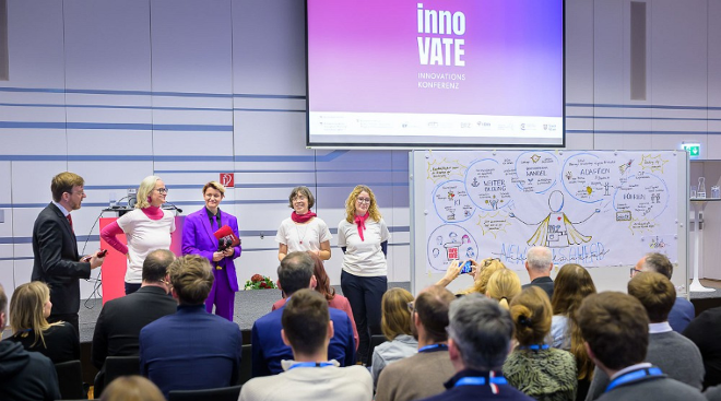 Ein Vortrag, im Vordergrund ist das Publikum, auf der Bühne stehen drei Frauen in weißen T-Shirt, ein Mann und die Moderatorin in violettem Anzug. Rechts ist eine große Tafel mit Text und Bildern und über der Bühne ist eine Violette Projektion mit dem Logo der Veranstaltung "Innovate".